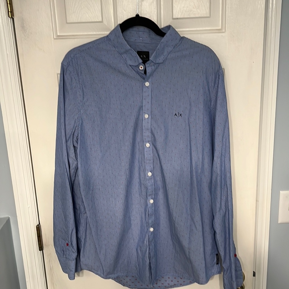 Armani Exchange Button Down Shirt Blue with Red Dots